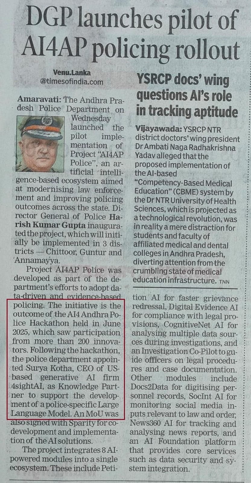 The Times of India – AI4AP Police Launch Coverage