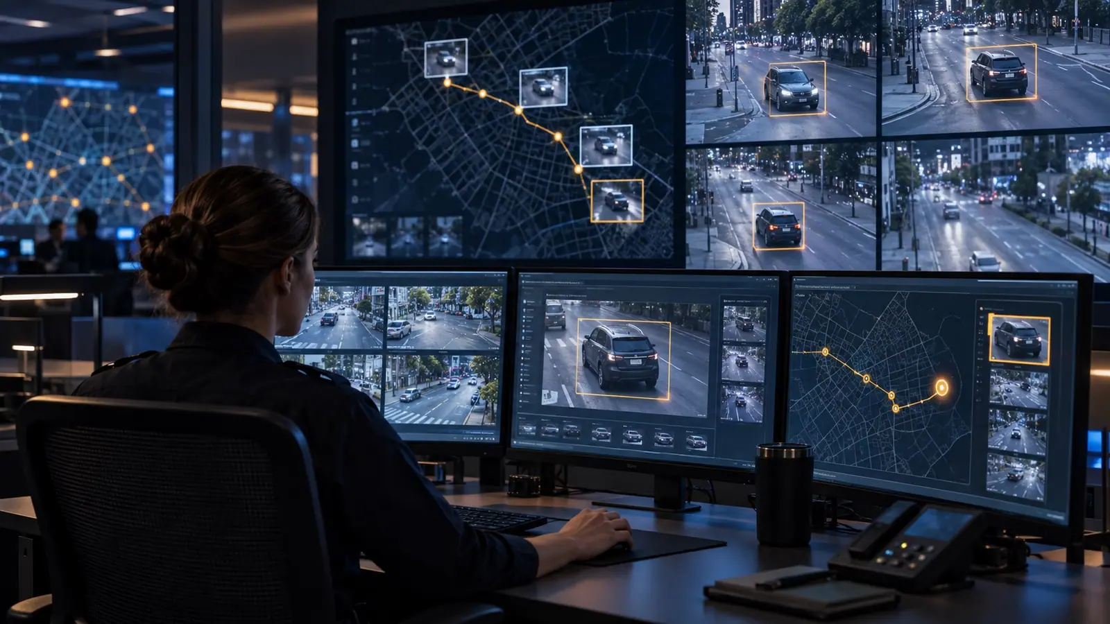 Operator reviewing a vehicle sighting across connected city cameras