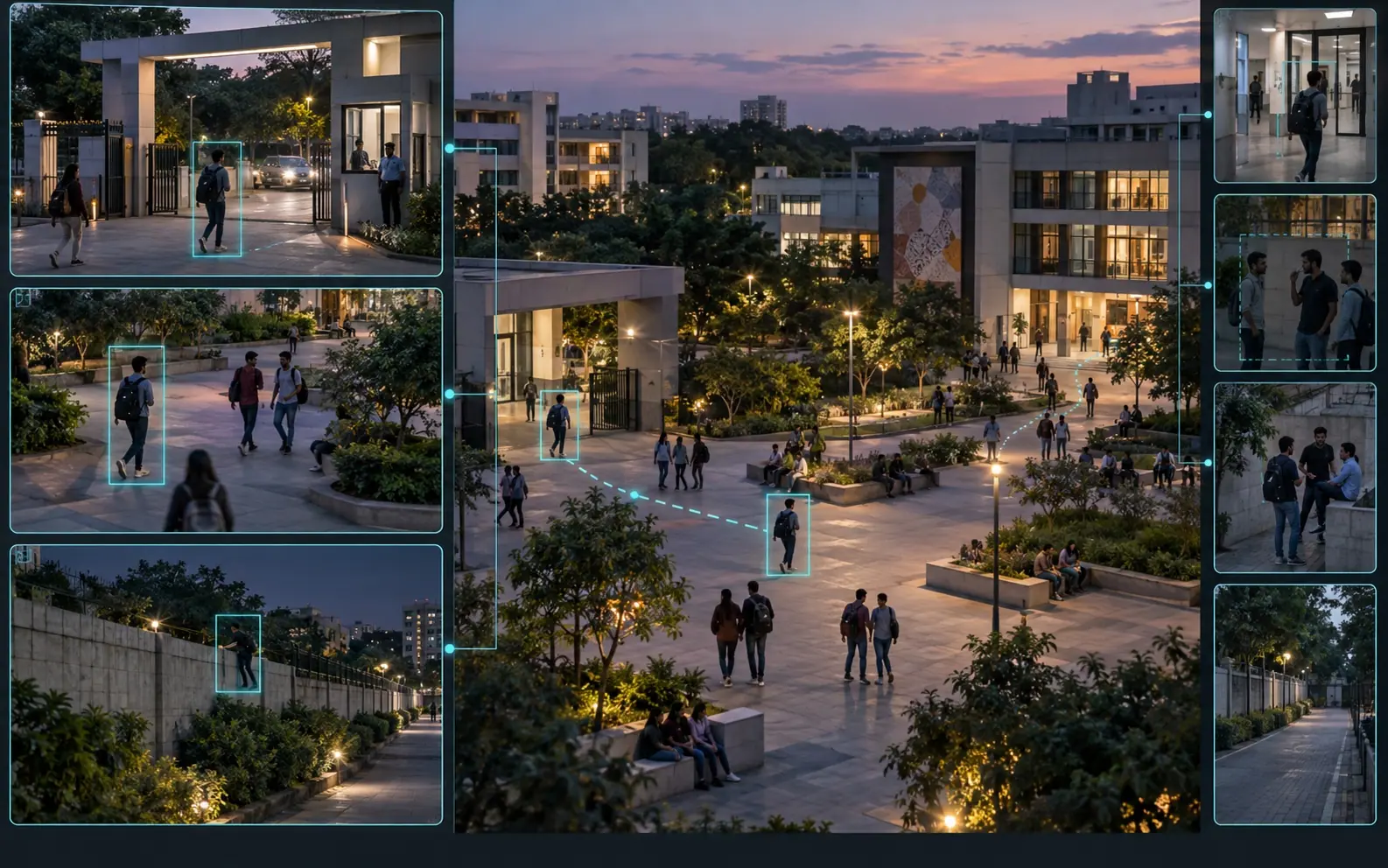 Campus sightings connected across gates, courtyards and perimeter cameras