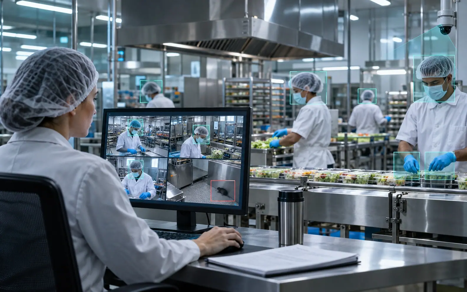 Food-production hygiene manager reviewing flagged kitchen and production-line moments