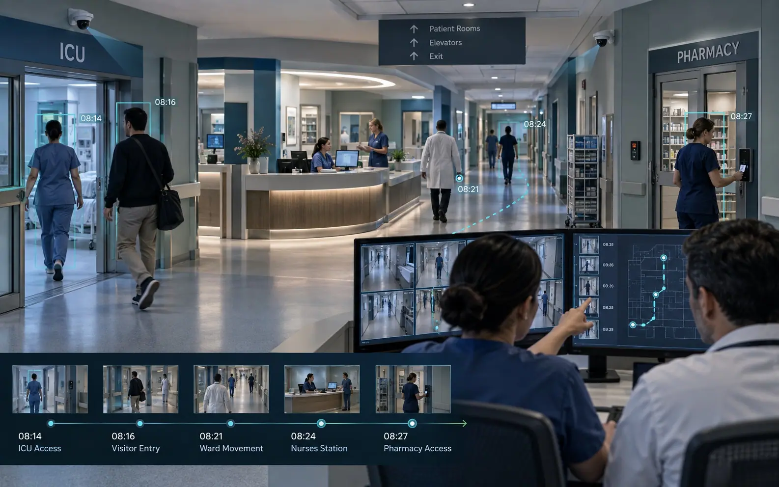 Authorized hospital staff reconstructing access and movement across ICU, wards and pharmacy
