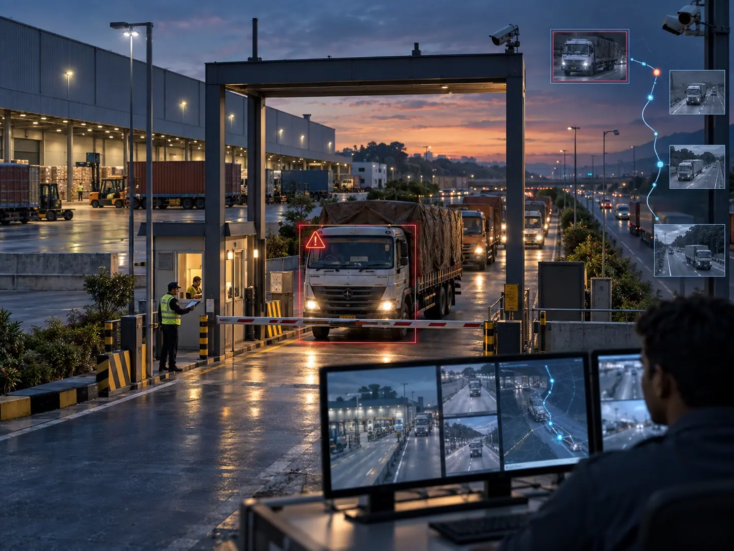 Truck movement, dwell time, goods and forklifts monitored across a logistics facility