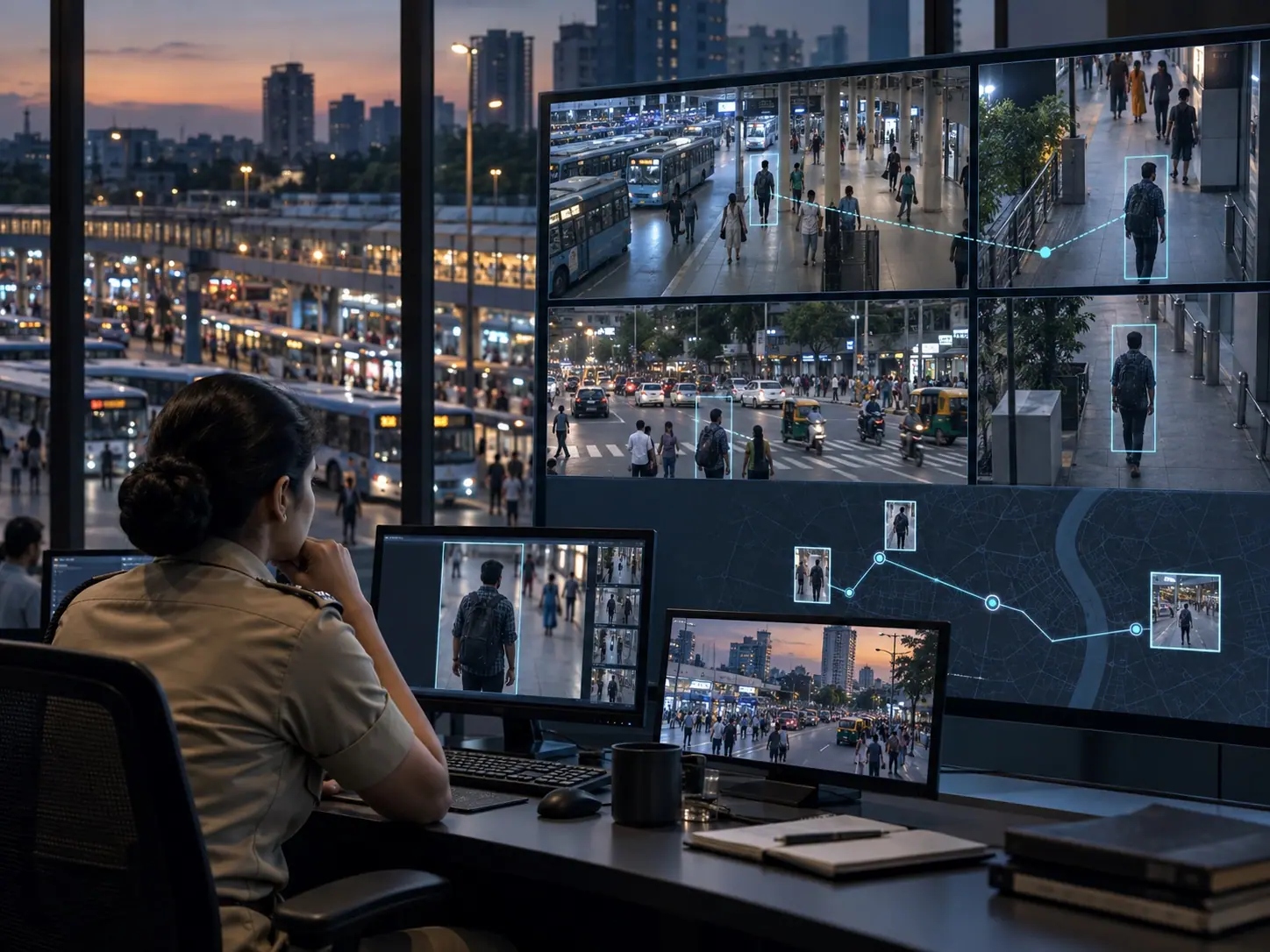 Operator connecting public-safety sightings across a city bus terminal and nearby streets