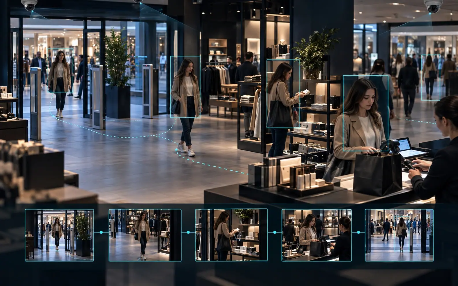 Retail journey linked from store entrance through checkout and exit